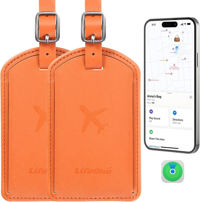 LifeChé Luggage Tags Built-in Anti-Loss Tracker, Luxury Leather Luggage Tags for Suitcase, Travel Bags, Backpacks, Travel Organizer for Lost Baggage Prevention (Orange*2 Pack) - Image 1